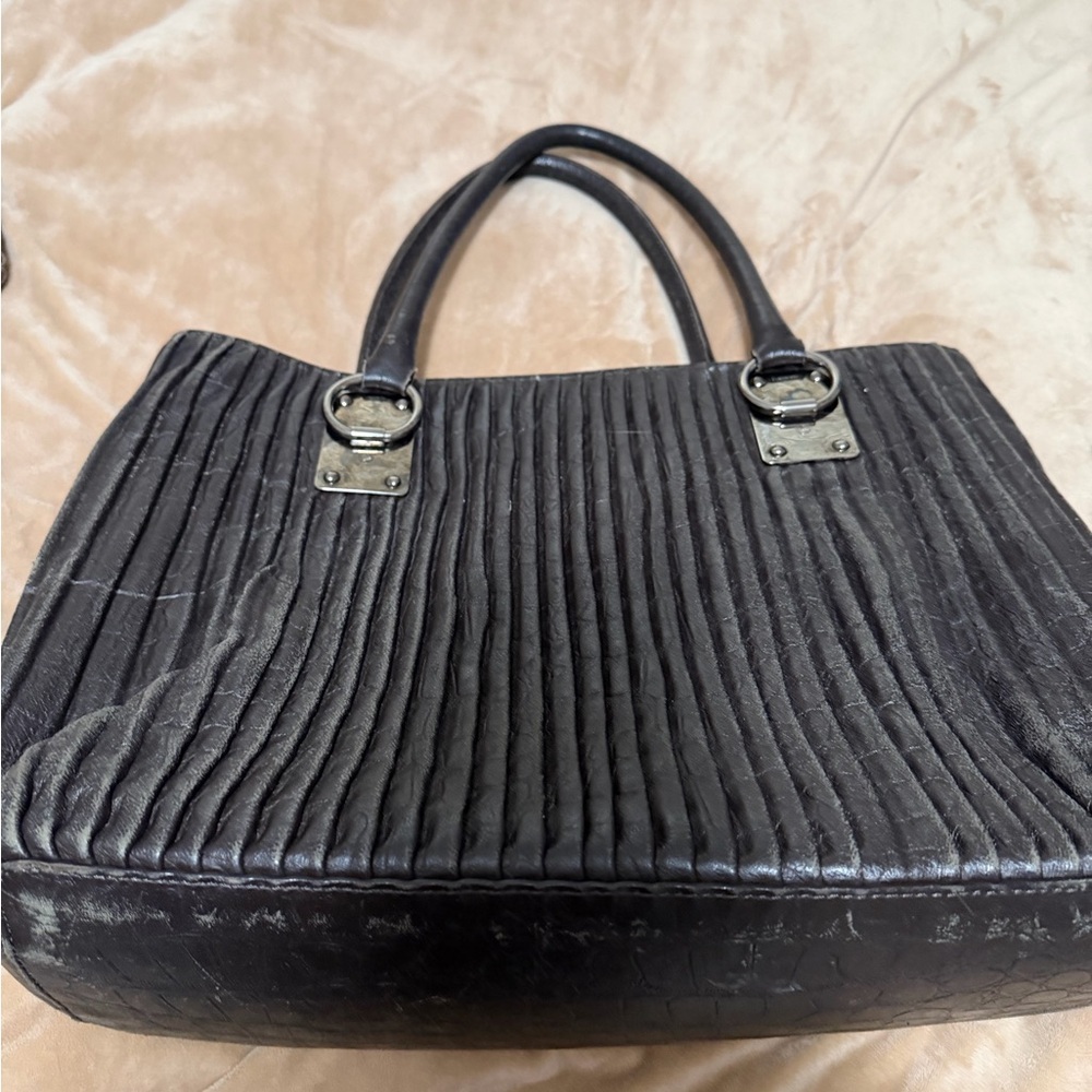 Giorgio Armani Black Ribbed Leather Shoulder Bag